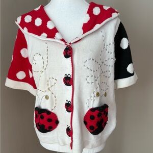 Berek Collections Ladybug Womens Cardigan Polka Dot Collar Sweater Med Vintage